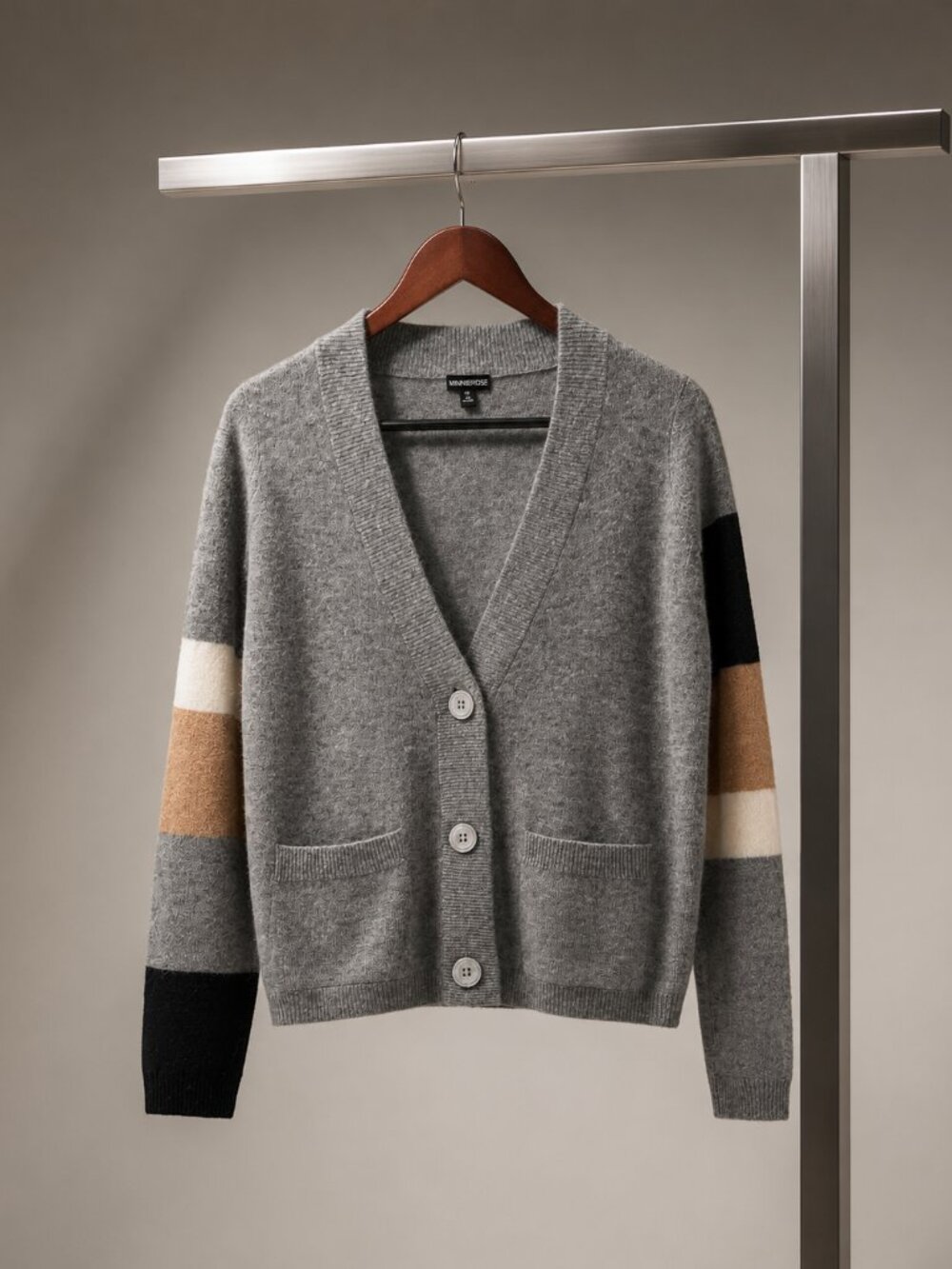 Minnie Rose 100% Cashmere Colorblock Sleeve Cardigan Grey Camel Black V-Neck XS